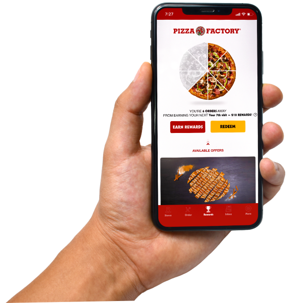 Mobile phone displaying the Pizza Factory App