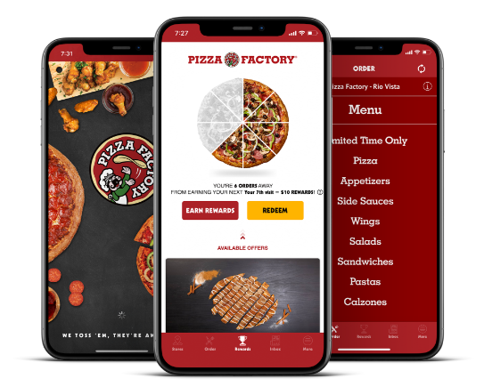 Three Mobile phones displaying the Pizza Factory App and online ordering