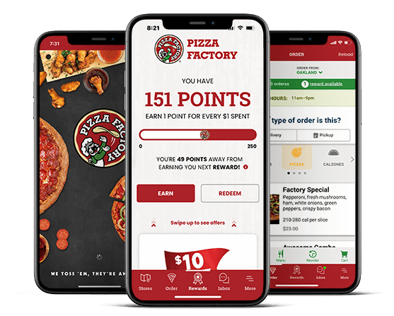Three Mobile phones displaying the Pizza Factory App and online ordering